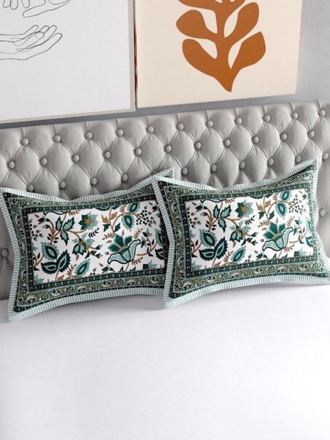 

Salona Bichona Set Of 2 Green Printed 120 TC Pure Cotton Pillow Covers