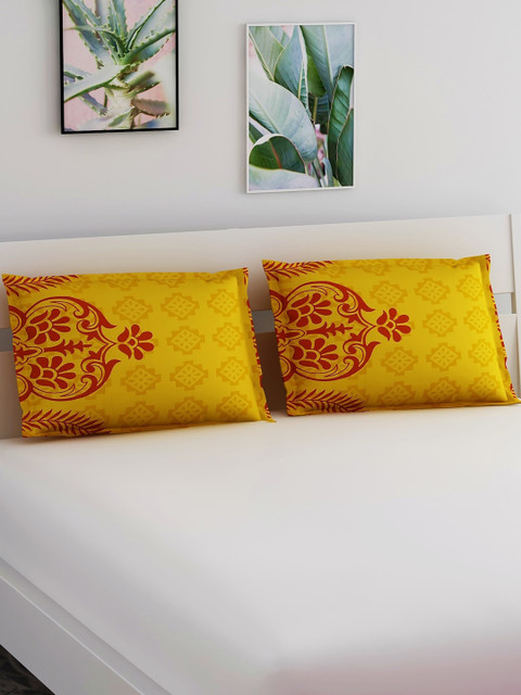 

Salona Bichona Set Of 2 Yellow & Orange Printed Pure Cotton 120 TC Pillow Covers