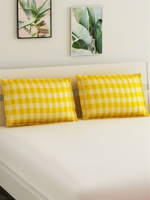 

Salona Bichona Set Of 2 Yellow & White Printed Pure Cotton 120 TC Pillow Covers