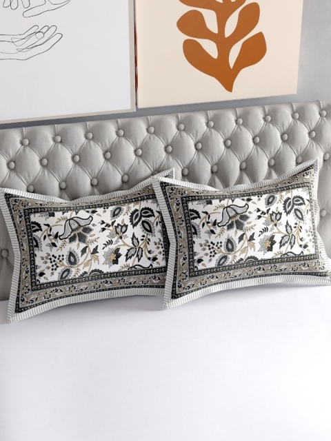 

Salona Bichona Set Of 2 Grey & White Printed Pure Cotton 120 TC Pillow Covers