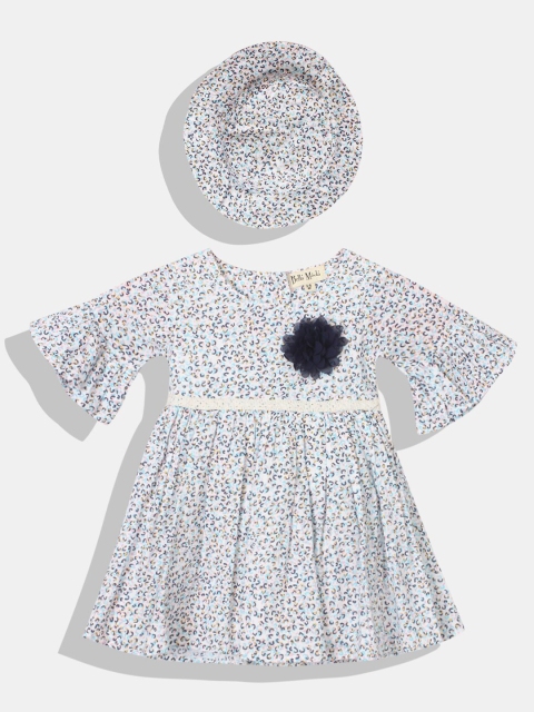 

Bella Moda Girls White & Blue Abstract Printed Cotton Fit & Flare Dress