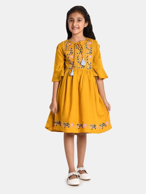 

Bella Moda Mustard Yellow & citrus Floral Ethnic Dress