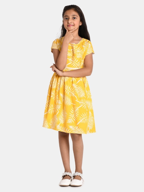 

Bella Moda Girls Mustard Yellow Round Neck Fit & Flair Floral Dress