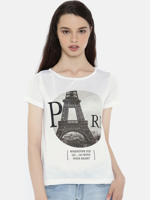 

Elle Women White Printed Round Neck T-shirt