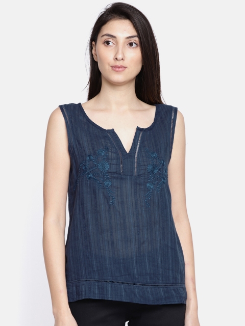 

ELLE Women Navy Self-designed Embroidered Semi sheer Top, Blue