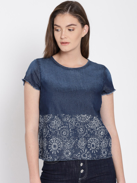 

ELLE Women Navy Printed Denim Top, Navy blue