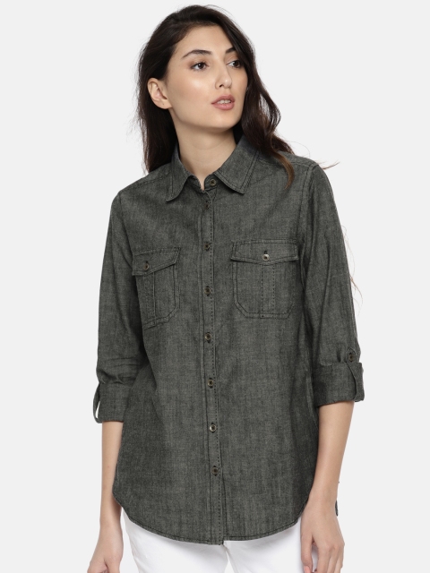 

ELLE Women Charcoal Grey Solid Casual Shirt