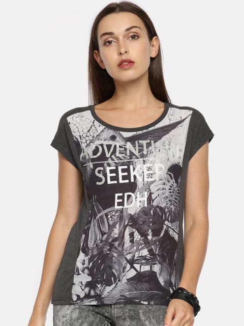 

Ed Hardy Women Charcoal Grey Printed Round Neck T-shirt