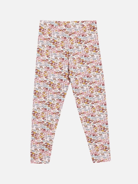 

R&B Girls White & Maroon Printed Cotton Ankle Length Leggings