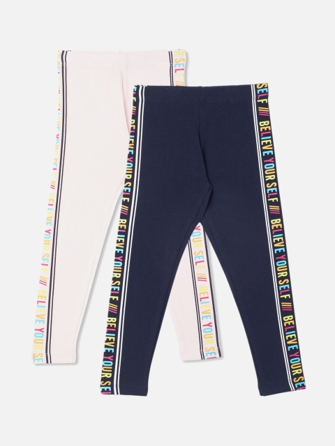

R&B Girls Pack Of 2 Printed Pink, Navy Blue Cotton Ankle Length Leggings