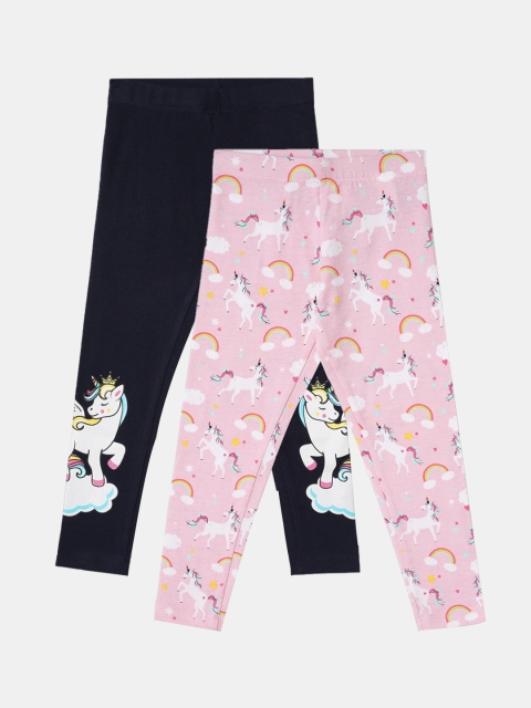 

R&B Girls Pack Of 2 Printed unicorn print design Cotton Ankle Length Leggings, Pink