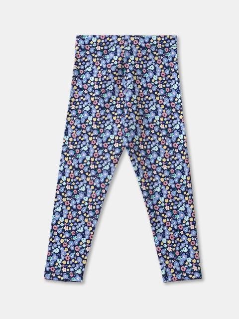 

R&B Girls Black & Blue Floral Printed Cotton Ankle Length Leggings
