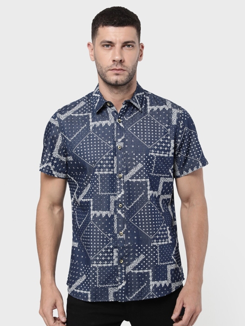 

R&B Men Blue Classic Printed Casual Shirt