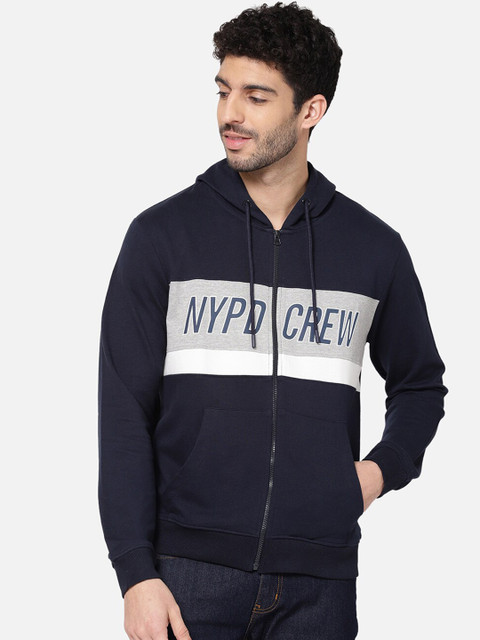 

R&B Men Navy Blue Sporty Jacket with Hood & Kangaroo Pocket