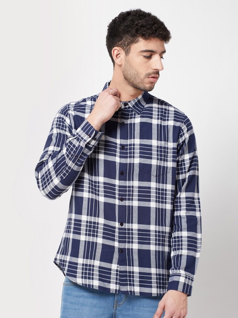 

R&B Men Navy Blue Classic Slim Fit Tartan Checks Checked Casual Shirt