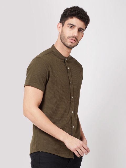

R&B Men Olive Green Mandarin Collar Casual Shirt