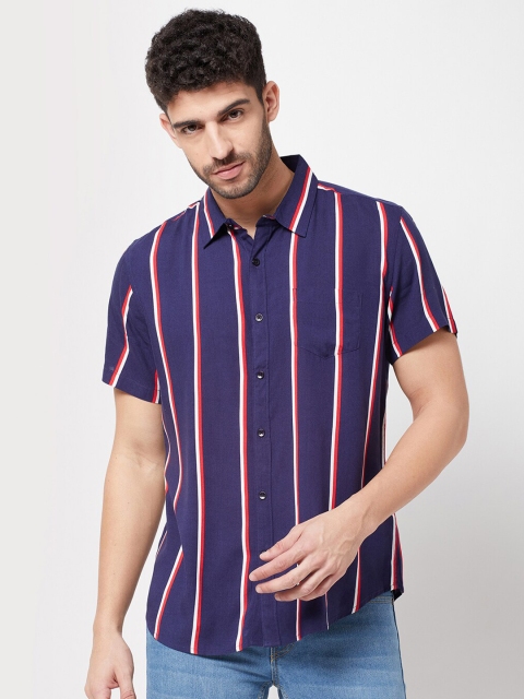 

R&B Men Navy Blue Classic Slim Fit Striped Casual Shirt