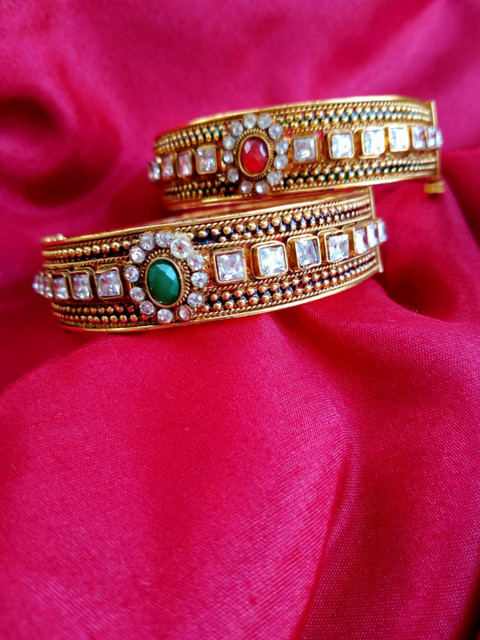 

FIROZA Set of 2 Gold-Plated Red & Green AD Studded Bangle