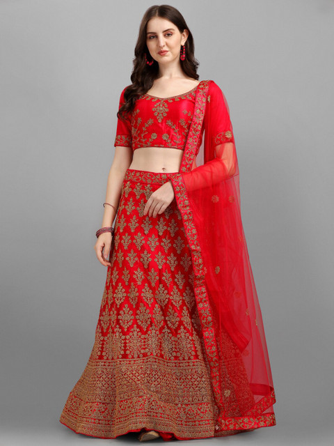 

LABEL AARNA Red & Gold-Toned Embroidered Semi-Stitched Lehenga & Unstitched Blouse With Dupatta