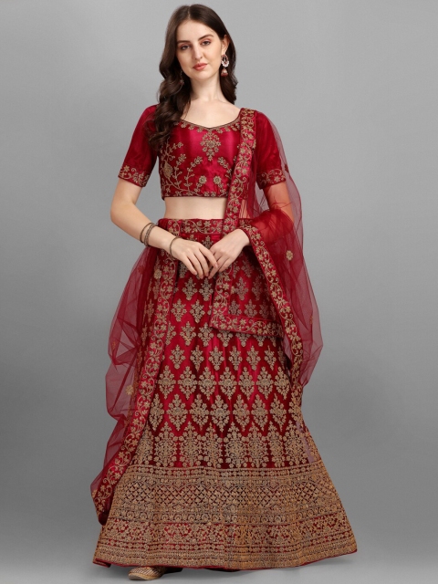 

LABEL AARNA Red & Brown Embroidered Semi-Stitched Lehenga & Unstitched Blouse With Dupatta