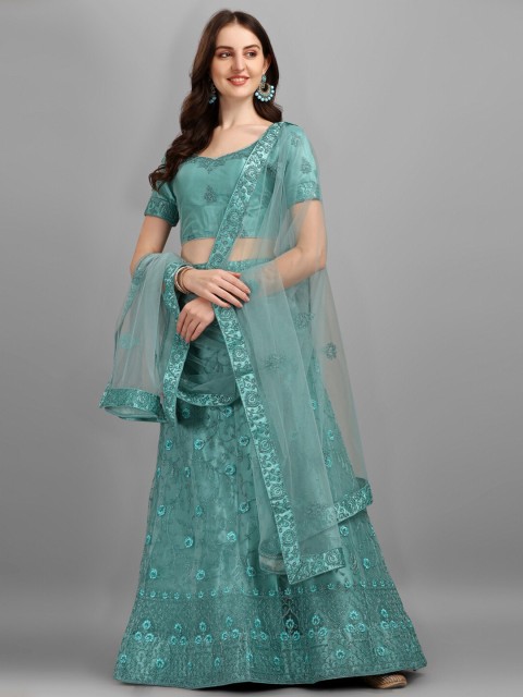 

LABEL AARNA Blue Embroidered Semi-Stitched Lehenga & Unstitched Blouse With Dupatta