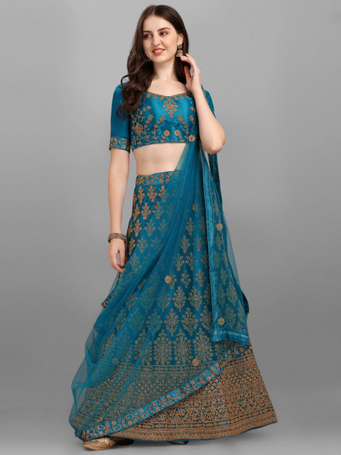 

LABEL AARNA Blue & Gold-Toned Embroidered Semi-Stitched Lehenga & Unstitched Blouse With Dupatta