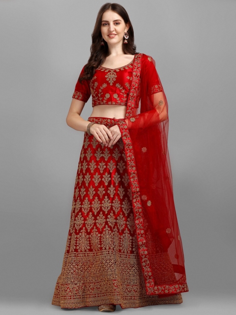

LABEL AARNA Red & Gold-Toned Embroidered Thread Work Semi-Stitched Lehenga & Unstitched Blouse With Dupatta
