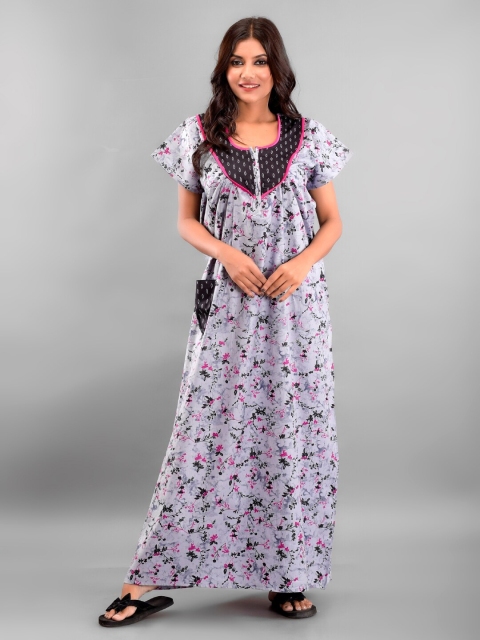 

Apratim Grey Printed Maxi Cotton Nightdress
