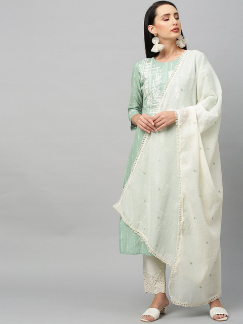 

FASHOR Women Green Thread Work Kurta with Trouser & Dupatta