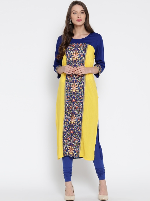 

AURELIA Women Yellow & Blue Printed Straight Kurta
