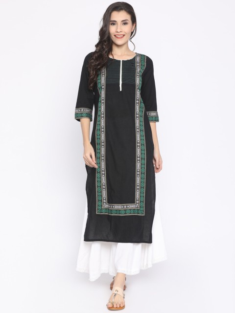 

AURELIA Women Black Woven Design Straight Kurta