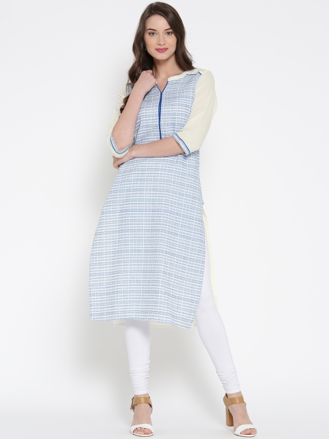

AURELIA Women Blue & White Woven Design Straight Kurta