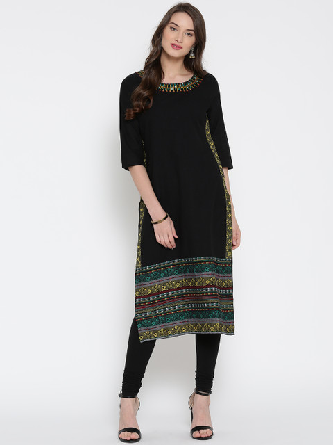 

AURELIA Women Black Woven Design Straight Kurta