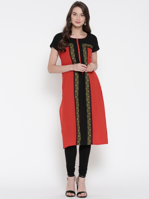 

AURELIA Women Coral Red Woven Design Straight Kurta