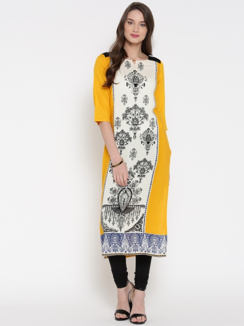

AURELIA Women Cream-Coloured & Yellow Printed Straight Kurta