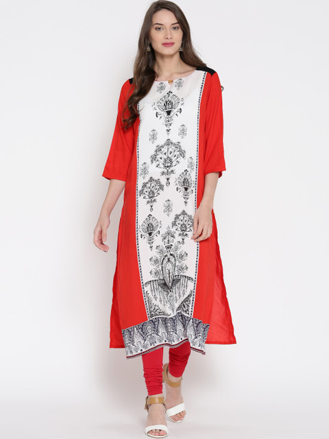 

AURELIA Women Red & White Printed Straight Kurta