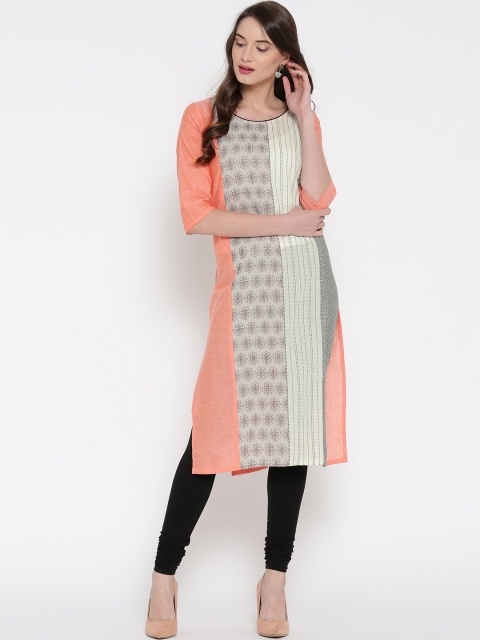 

AURELIA Women Peach-Coloured & Off-White Woven Design Straight Kurta