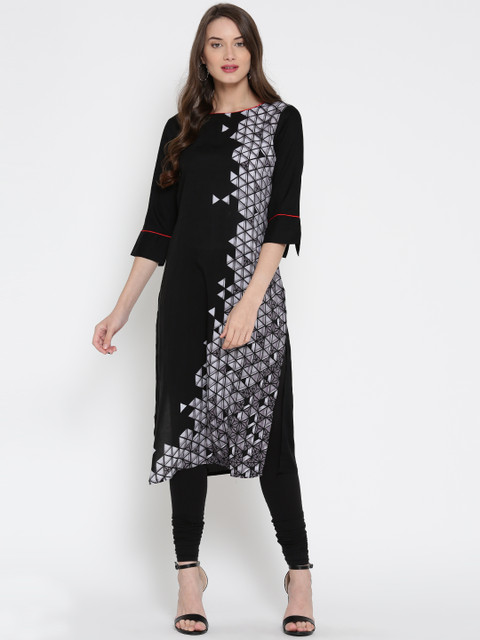 

AURELIA Women Black Printed Straight Kurta