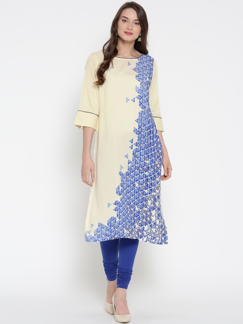 

AURELIA Women Cream-Coloured & Blue Printed Straight Kurta