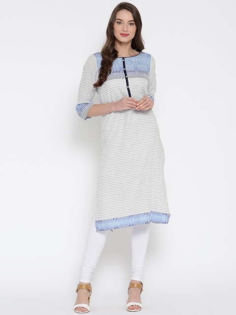 

AURELIA Women White & Blue Woven Design Straight Kurta