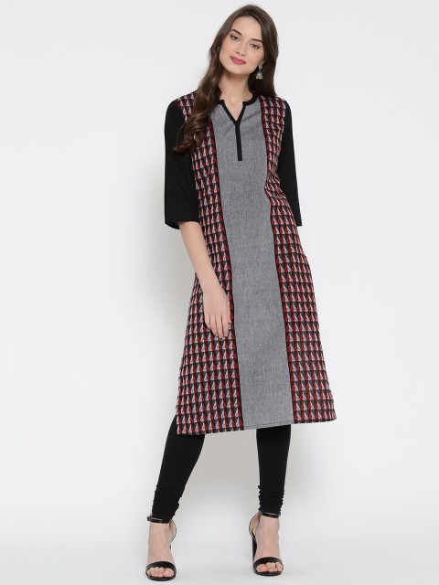 

AURELIA Women Black & Grey Woven Design Straight Kurta