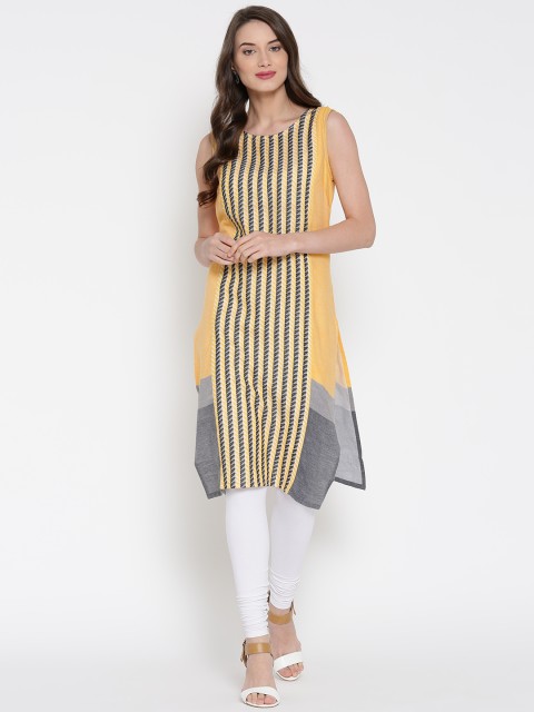 

AURELIA Women Yellow & Grey Striped Straight Kurta