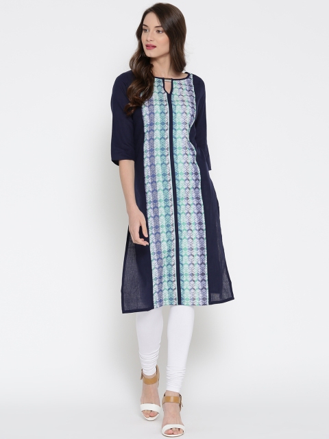 

AURELIA Women Navy Blue & Green Woven Design Straight Kurta