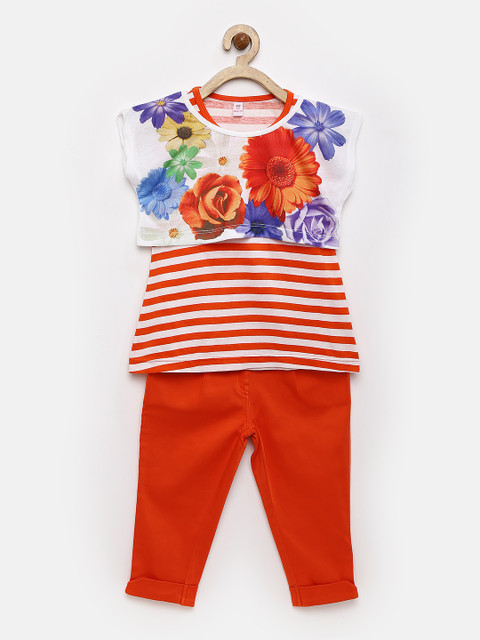 

Peppermint Girls Orange & White Printed Clothing Set