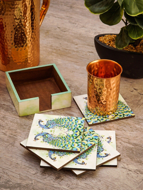 

StatueStudio Set Of 6 White & Green Peacock Printed Wooden Coaster Set