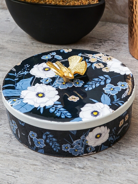 

StatueStudio Navy Blue & White Floral Hand-Painted Metal Food Storage Container