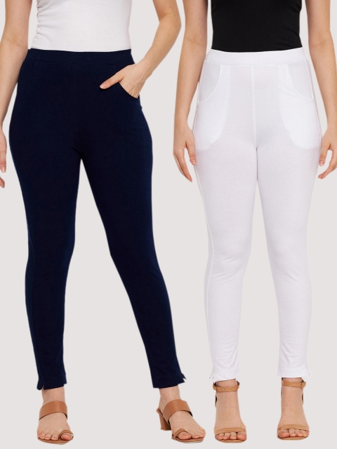 

Clora Creation Women Pack Of 2 Blue & White Solid Cotton Ankle Length Leggings, Multi