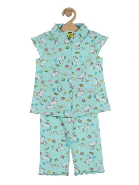 

Lil Lollipop Kids-Girls Green & White Pure Cotton Printed Night suit
