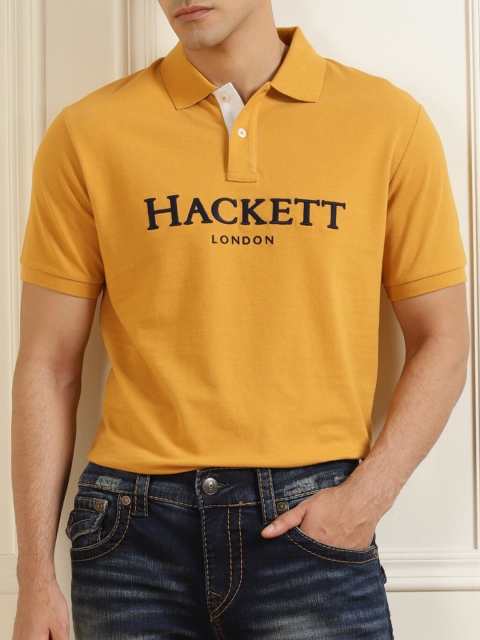 

HACKETT LONDON Men Mustard Yellow Typography Polo Collar 100% Cotton T-shirt