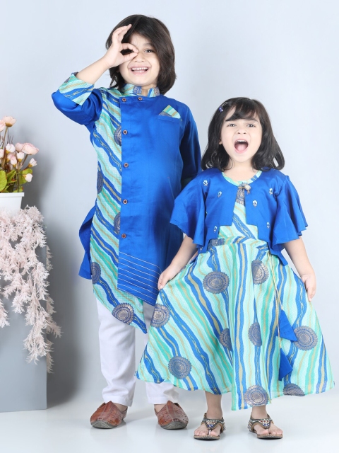 

Kinder Kids Girls Blue Printed Dress With Short Embroidered Jacket